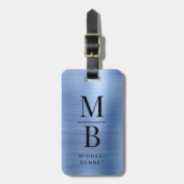 Elegante monogram blauw geborsteld metallic bagagelabel (Voorkant verticaal)