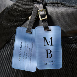 Elegante monogram blauw geborsteld metallic bagagelabel