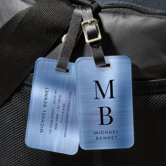 Elegante monogram blauw geborsteld metallic bagagelabel