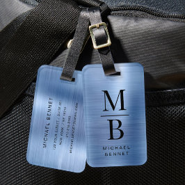 Elegante monogram blauw geborsteld metallic bagagelabel