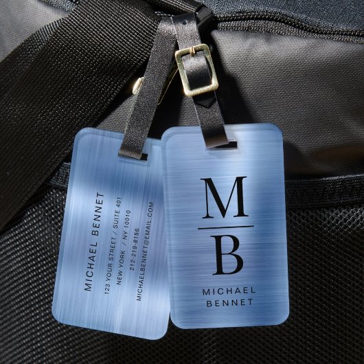 Elegante monogram blauw geborsteld metallic bagagelabel