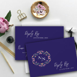 Elegante Monogram Blauw Intrinsieke Bloemen Huweli RSVP Kaartje