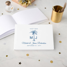 Elegante Monogram Blauwe Palm Tropisch Strand Huwe Gastenboek