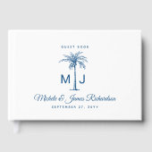 Elegante Monogram Blauwe Palm Tropische Strand Wed Gastenboek (Voorkant)