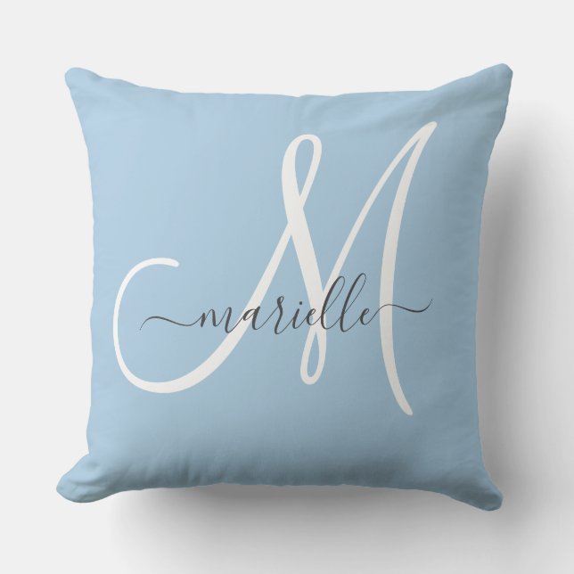 Elegante Monogram Blauwe Worpkussen Kussen (Voorkant)