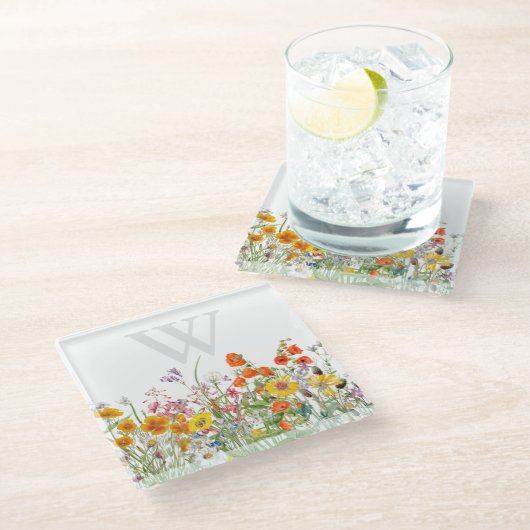 Elegante Monogram Bloem Glas Onderzetter (Schuin)