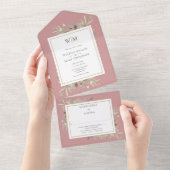 Elegante Monogram Bloemstuk Stof Roze Trouwen All In One Uitnodiging (Afscheurbaar)