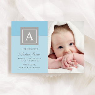 Elegante Monogram Blok Baby Jongen Hemelblauwe Geb Aankondiging