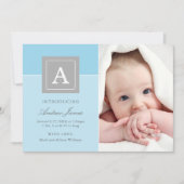 Elegante Monogram Blok Baby Jongen Hemelblauwe Geb Aankondiging (Voorkant)