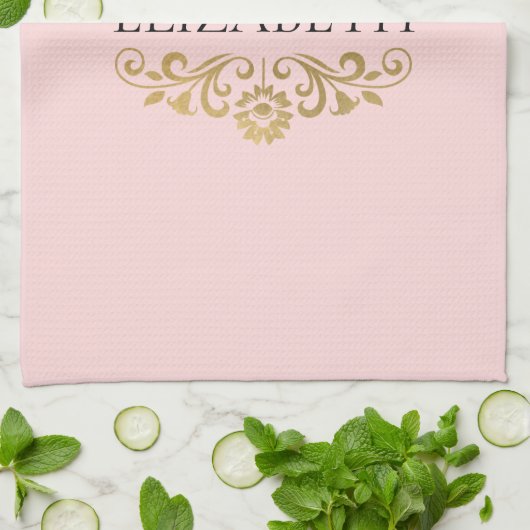 Elegante Monogram Blush Roze Gouden Keuken Handdoe Theedoek (Gevouwen)