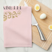 Elegante Monogram Blush Roze Gouden Keuken Handdoe Theedoek (Quarter Fold)