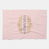 Elegante Monogram Blush Roze Gouden Keuken Handdoe Theedoek (Horizontaal)