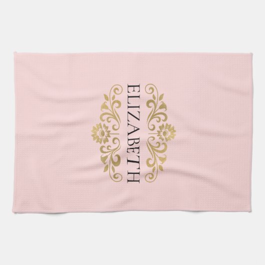 Elegante Monogram Blush Roze Gouden Keuken Handdoe Theedoek (Horizontaal)