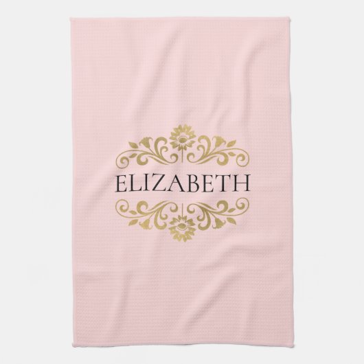 Elegante Monogram Blush Roze Gouden Keuken Handdoe Theedoek (Verticaal)