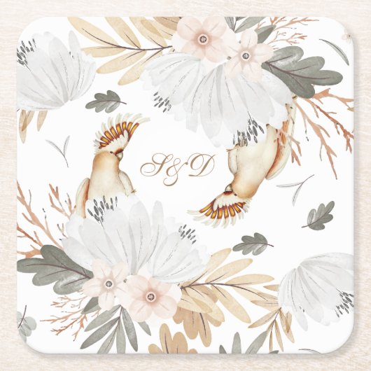 Elegante Monogram Boho Watercolor bloemen & Vogels Kartonnen Onderzetters (Voorkant)