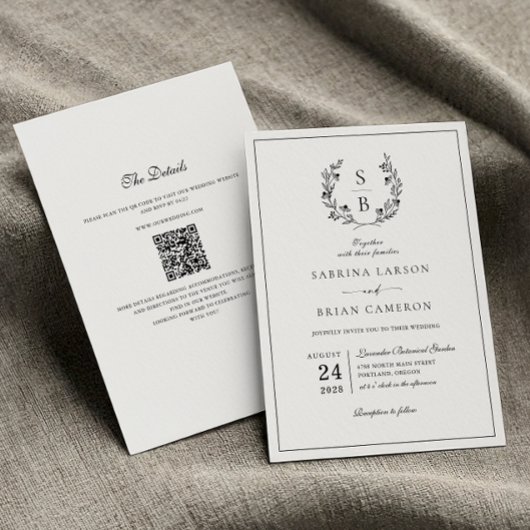 Elegante Monogram Botanische Krans QR Code Trouwen Kaart