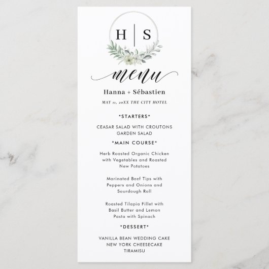 Elegante Monogram Bruiloftskrans Menu (Voorkant)