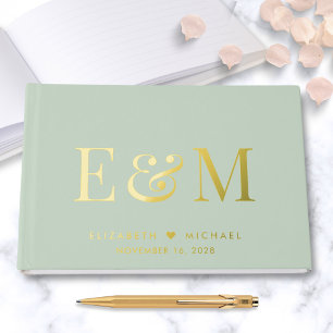 Elegante Monogram Bruine Groene Huwelijk Gastenboek