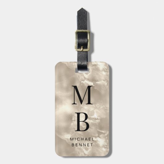 Elegante monogram champagne parel textuur bagagelabel (Voorkant verticaal)