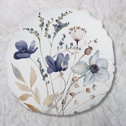 Elegante monogram chic waterverf blauwe bloem rond kussen