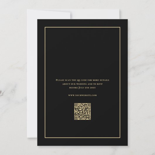 Elegante Monogram Classy Zwart Goud QR Code Huweli Kaart (Achterkant)