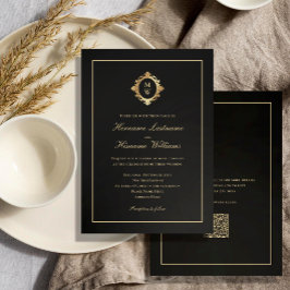 Elegante Monogram Classy Zwart Goud QR Code Huweli Kaart