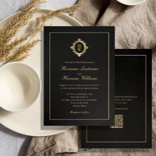 Elegante Monogram Classy Zwart Goud QR Code Huweli Kaart