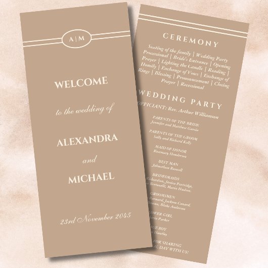 Elegante Monogram Cream Taupe Trouwprogramma Programmakaart