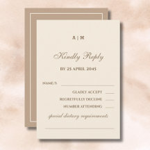Elegante Monogram Cream Taupe Wedding RSVP Kaart