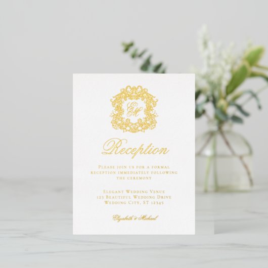 Elegante Monogram Crest bruiloft receptie Folie Ka Folie Feestdagen Briefkaart (Staand Voorkant)