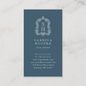 Elegante Monogram Crest Event Planner Indigo Visitekaartje (Achterkant)