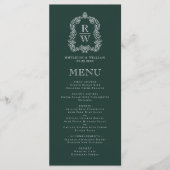 Elegante Monogram Crest Forest Green Wedding Menu (Voorkant)