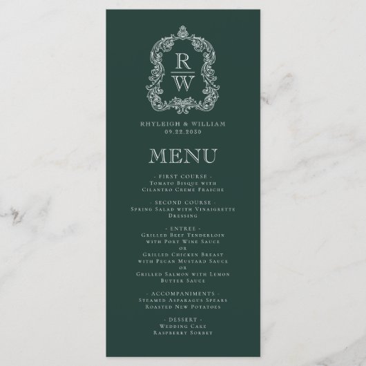 Elegante Monogram Crest Forest Green Wedding Menu (Voorkant)