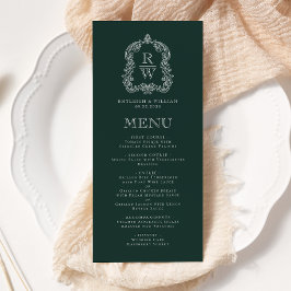 Elegante Monogram Crest Forest Green Wedding Menu
