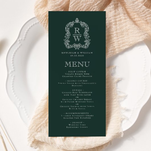 Elegante Monogram Crest Forest Green Wedding Menu