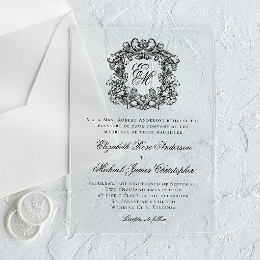 Elegante Monogram Crest Formele Bruiloft Acryl Uitnodigingen