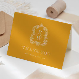 Elegante Monogram Crest Marigold Gele Huwelijk Bedankkaart