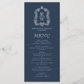 Elegante Monogram Crest Marine Blauwe Huwelijk Menu (Voorkant)