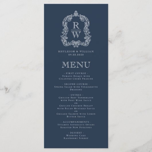 Elegante Monogram Crest Marine Blauwe Huwelijk Menu (Voorkant)