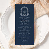 Elegante Monogram Crest Marine Blauwe Huwelijk Menu