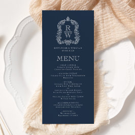 Elegante Monogram Crest Marine Blauwe Huwelijk Menu