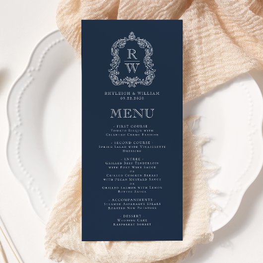 Elegante Monogram Crest Marine Blauwe Huwelijk Menu