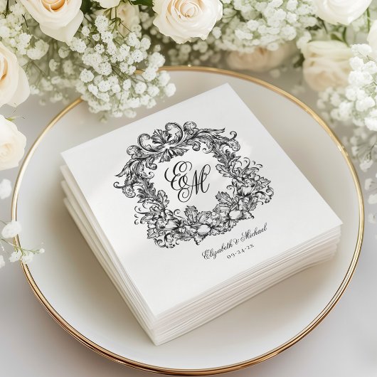 Elegante Monogram Crest Script Wedding Servet