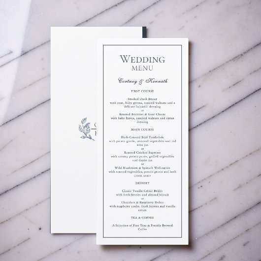 Elegante Monogram Crest Stofblauwe Frame Bruiloft Menu