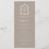 Elegante Monogram Crest Taupe bruiloft Menu (Voorkant)