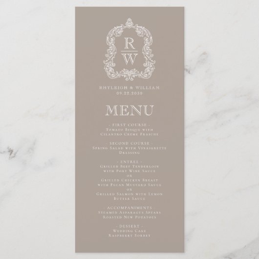 Elegante Monogram Crest Taupe bruiloft Menu (Voorkant)