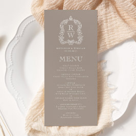 Elegante Monogram Crest Taupe bruiloft Menu
