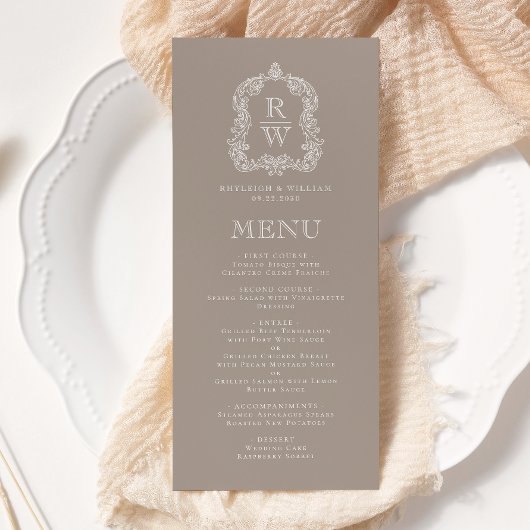Elegante Monogram Crest Taupe bruiloft Menu