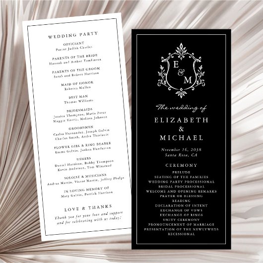 Elegante Monogram Crest Trouwceremonie Programmakaart