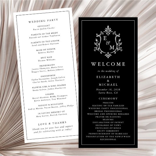 Elegante Monogram Crest Trouwceremonie Programmakaart